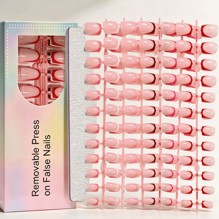 Packaging of premium press-on nail set, highlighting its convenience for a salon-quality removable manicure.