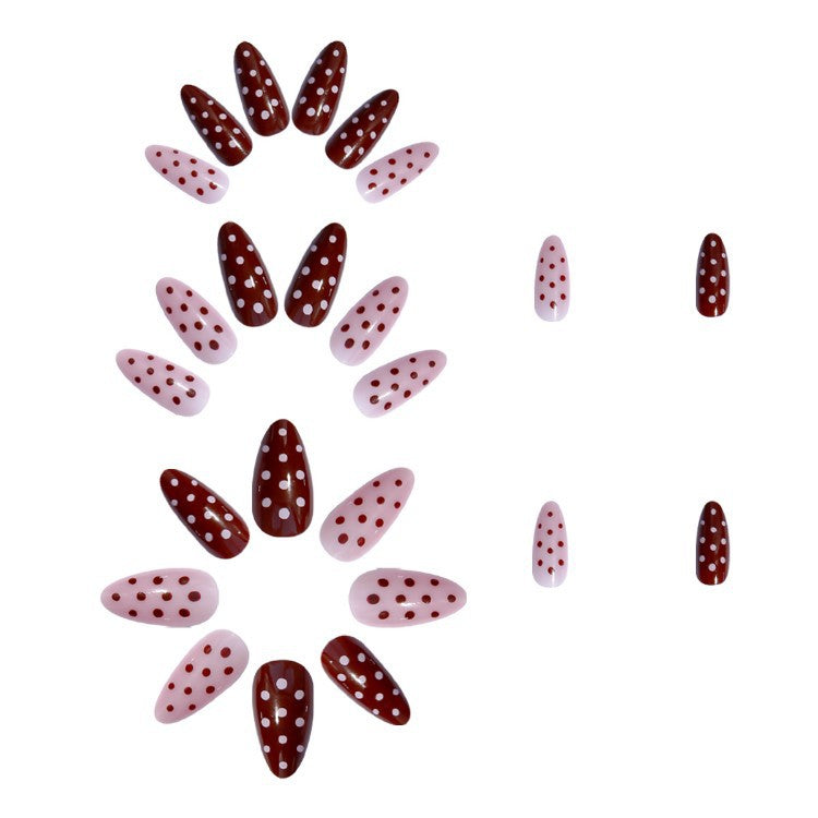 White polka dot press-on false nails for women, long-lasting decorative nail tips for a quick home manicure.