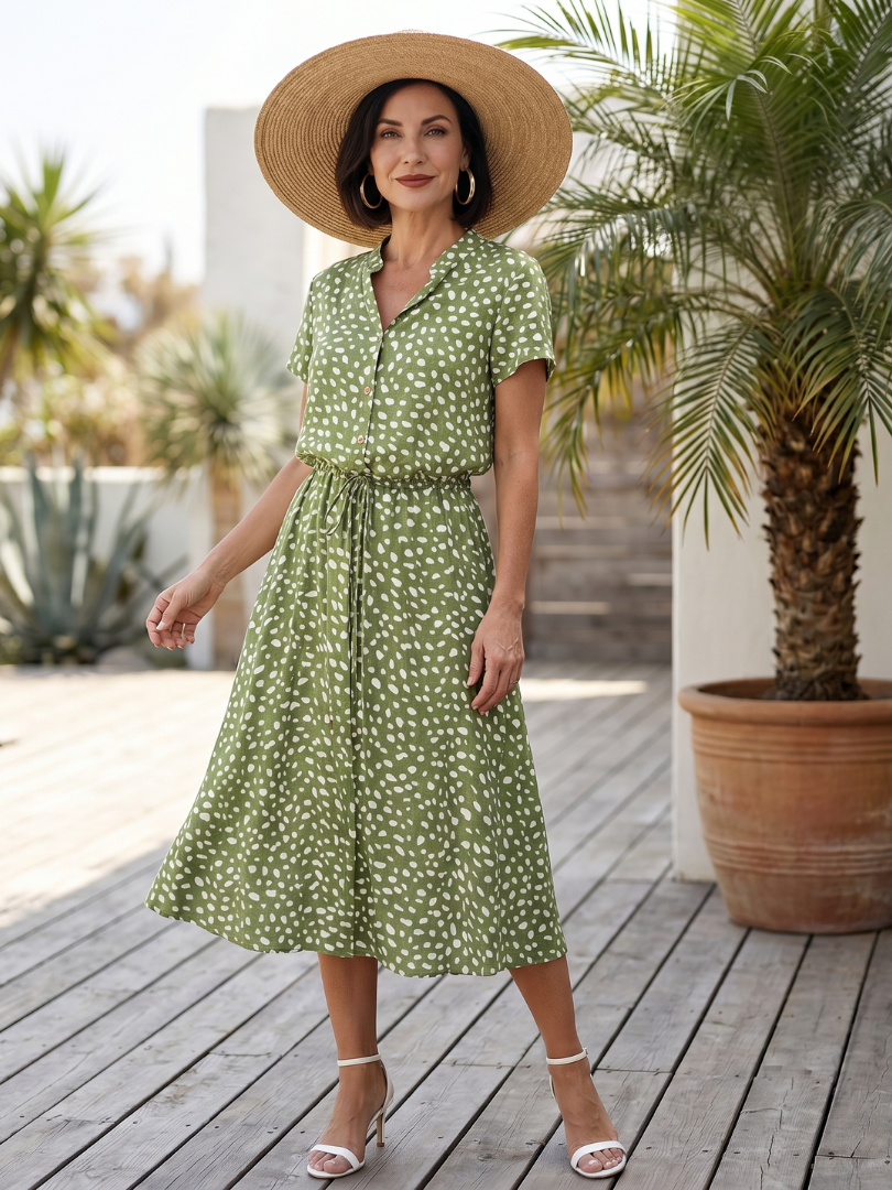 Women's Printed Button Front Belted Midi Dress for versatile casual summer style.