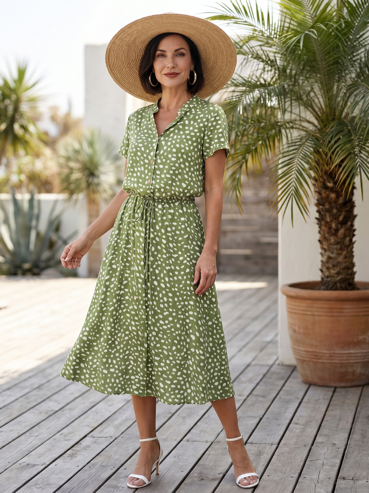 Women's Printed Button Front Belted Midi Dress for versatile casual summer style.