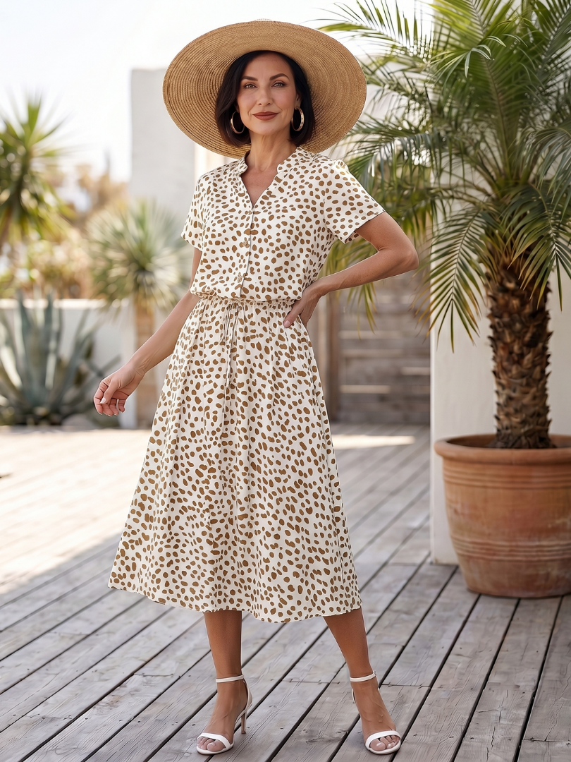Women's casual midi dress, all-over print, button-front detail, short sleeves, and an included belt.