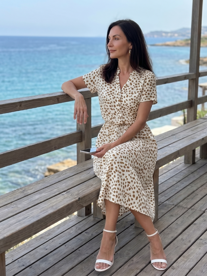 Women's summer printed midi dress, button-front closure, short sleeves, and a stylish, adjustable belt.