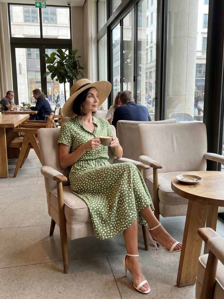 Versatile women's midi dress: short sleeve, printed pattern, full button front, and a chic belt.