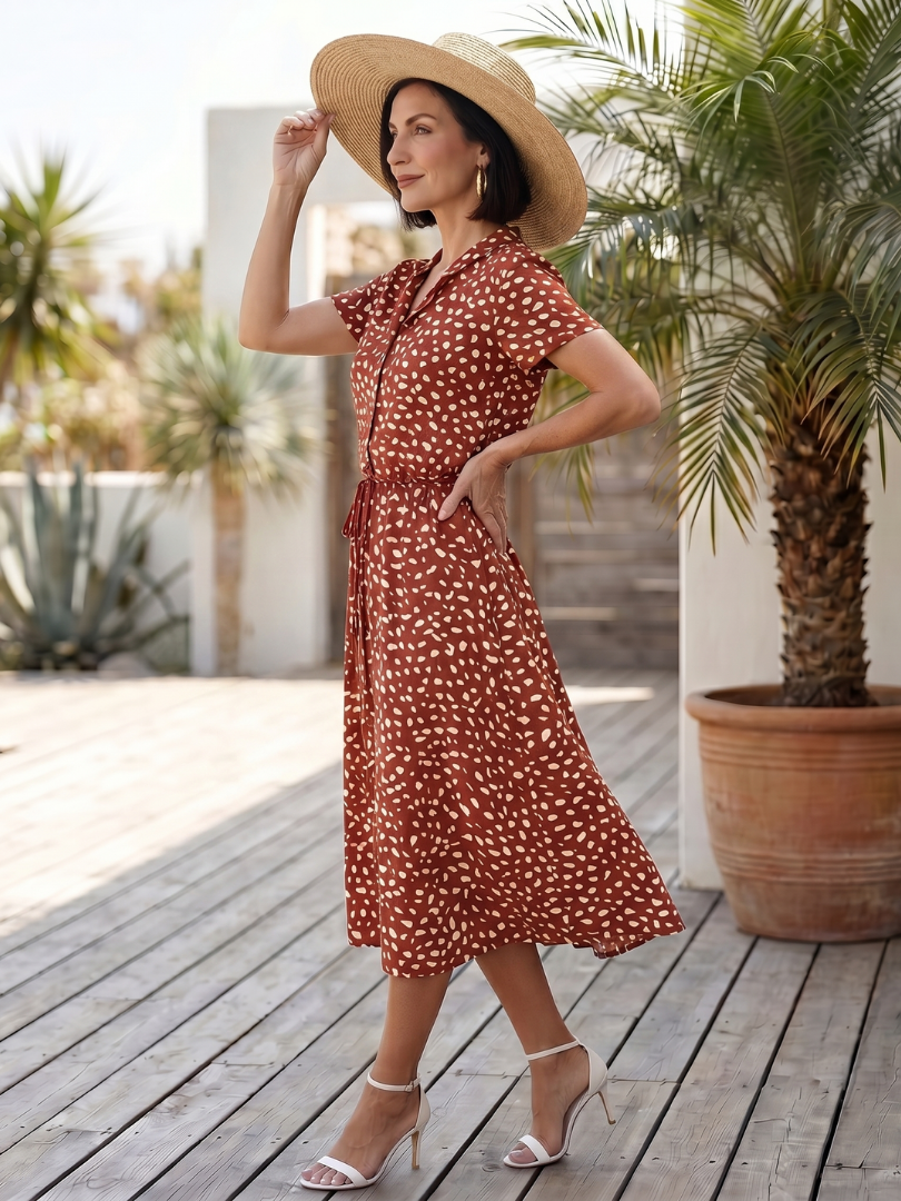 Comfortable everyday wear women's midi dress, short sleeve, printed, with buttons & a cinched belt.