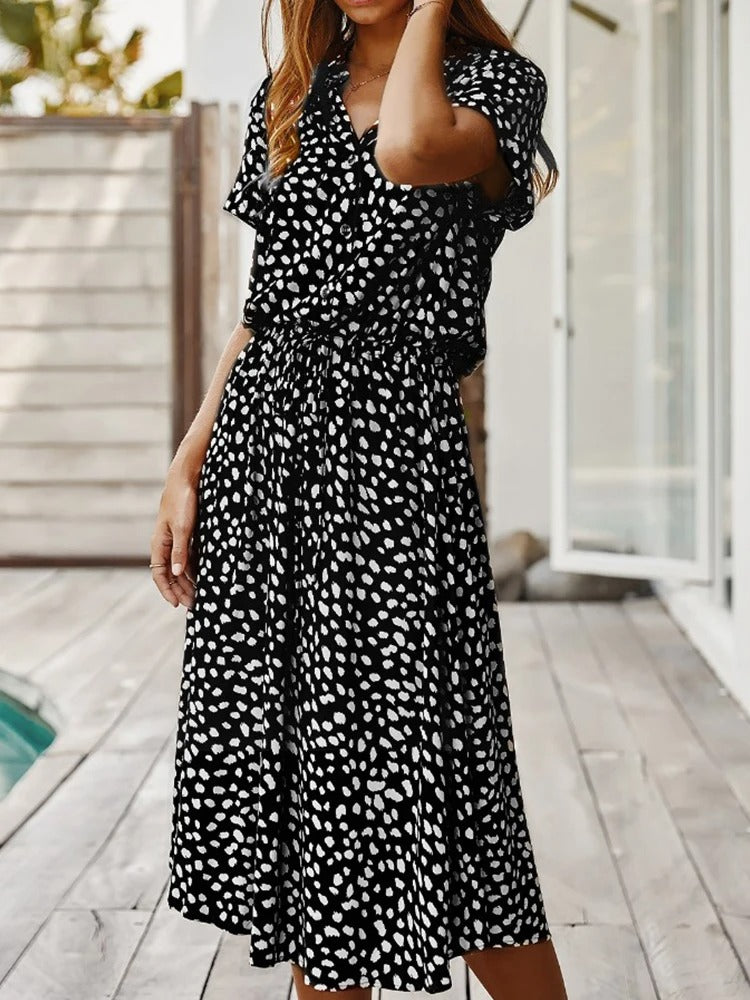 Embrace summer comfort with this women's printed midi dress, short sleeve & adjustable waist.