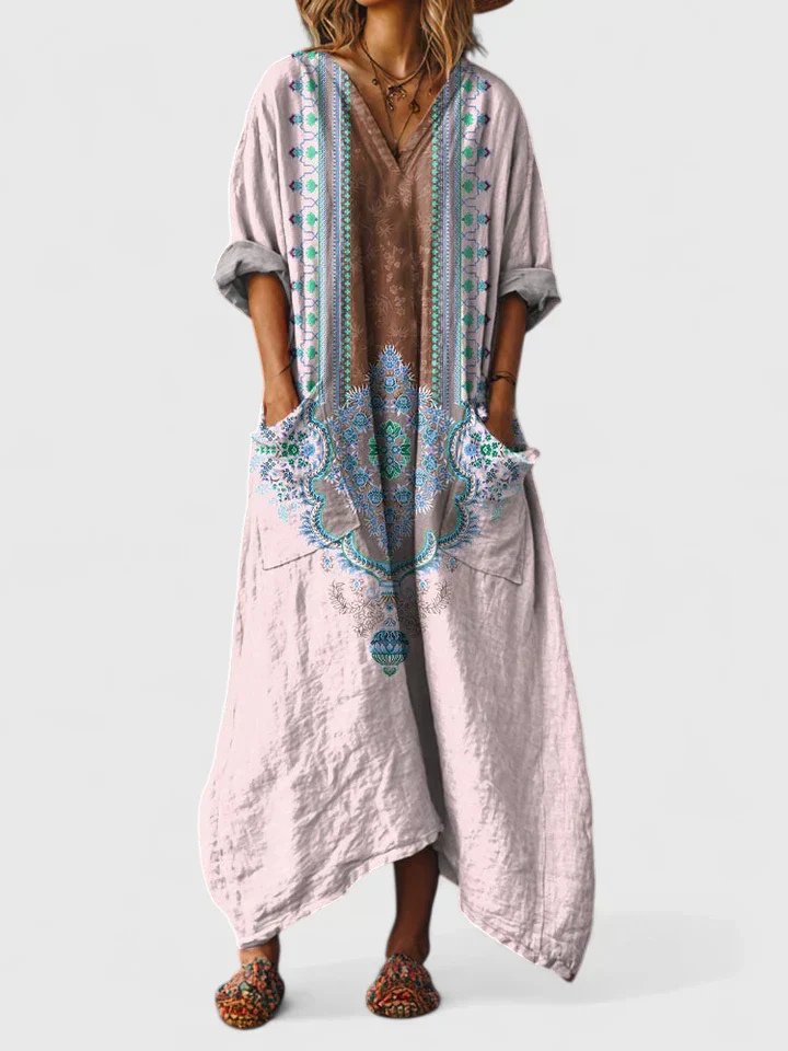 Casual summer maxi dress for women, printed oversized design with relaxed fit and handy pocket detail.