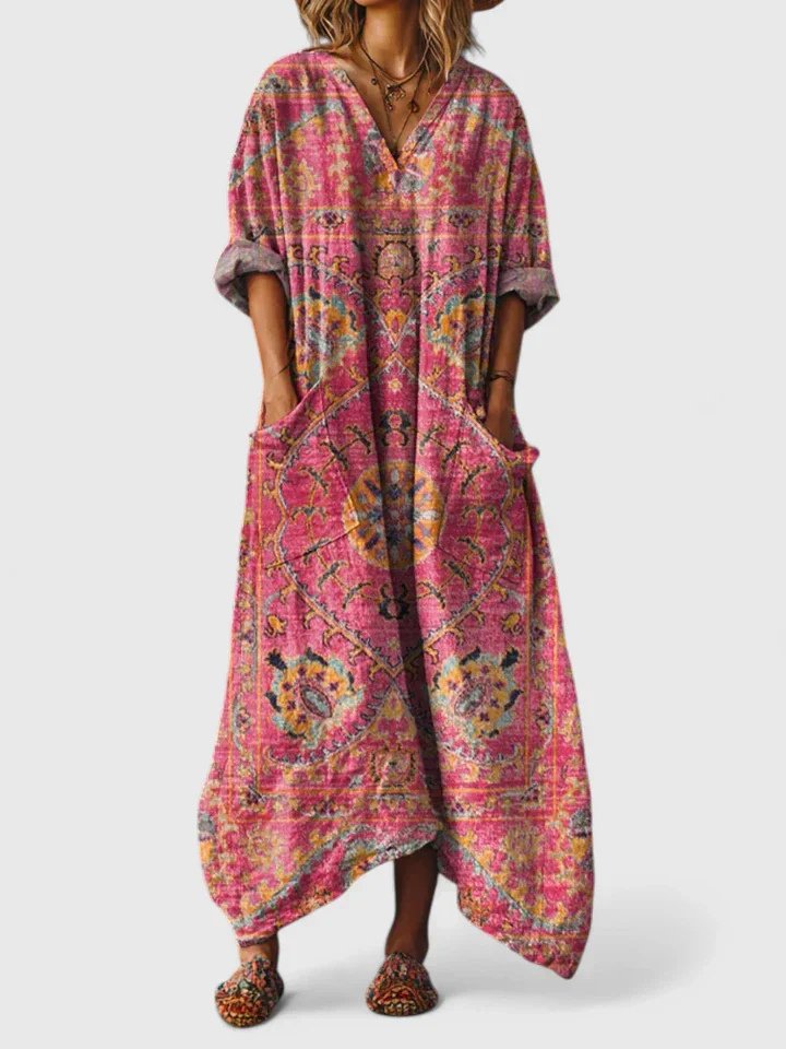 Women's comfortable oversized maxi dress, features a vibrant print, relaxed fit, and practical pockets.