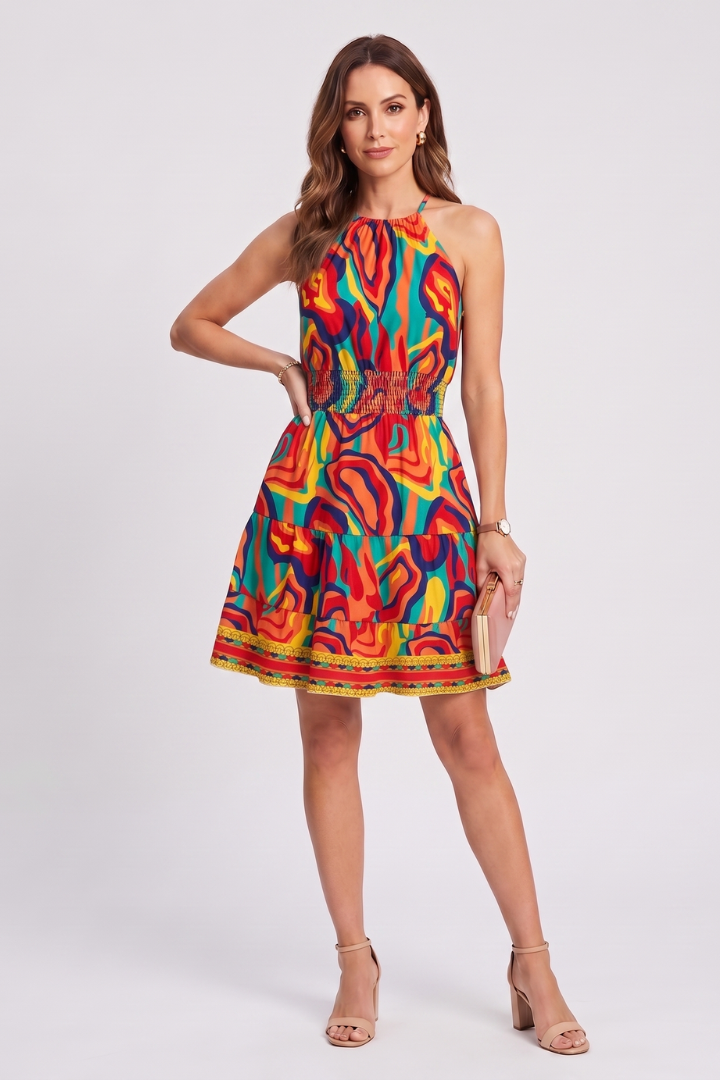 Vibrant women's printed summer romper, V-neck, sleeveless, above knee cut, adjustable waist.