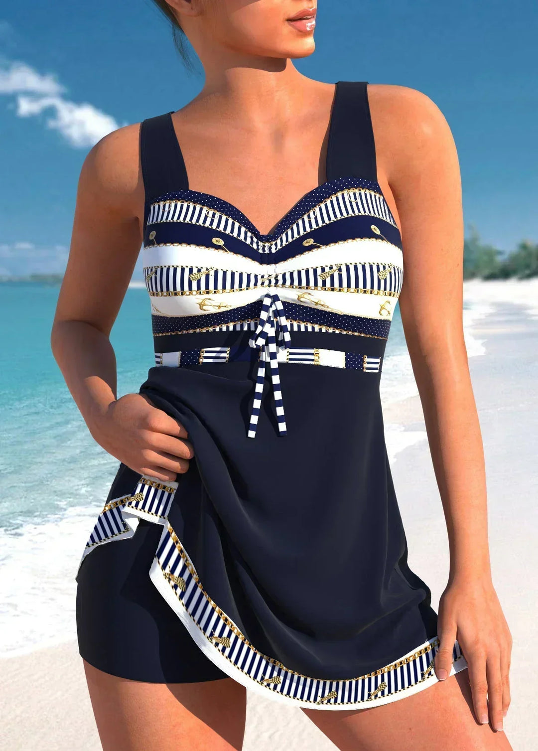 Women's printed swim dress tankini, a flattering & modest skirted swimsuit perfect for beachwear & summer vacation.