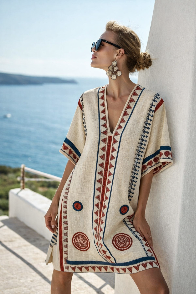Women's printed V-neck kaftan mini dress, perfect for summer, beach cover-up, or casual resort wear.