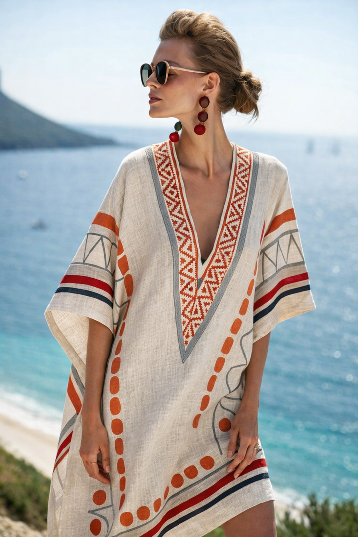 V-neck printed women's mini kaftan dress, a chic and casual loose-fit summer essential for resort or beach.