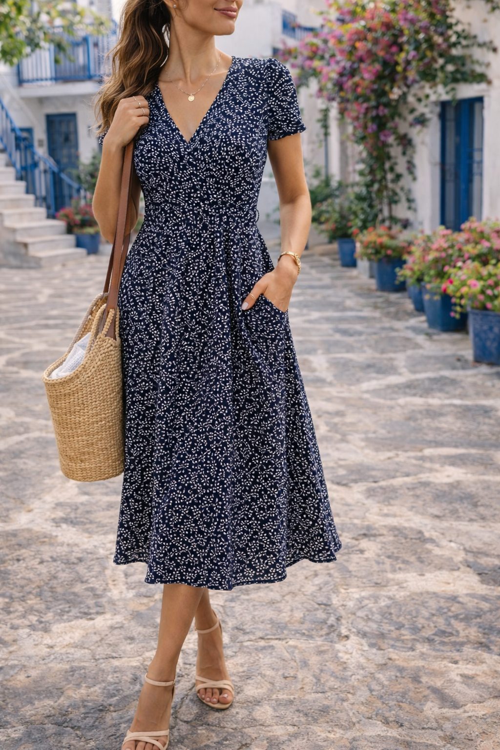 Women's printed v-neck midi dress with short sleeves, perfect for effortless summer style & everyday wear.