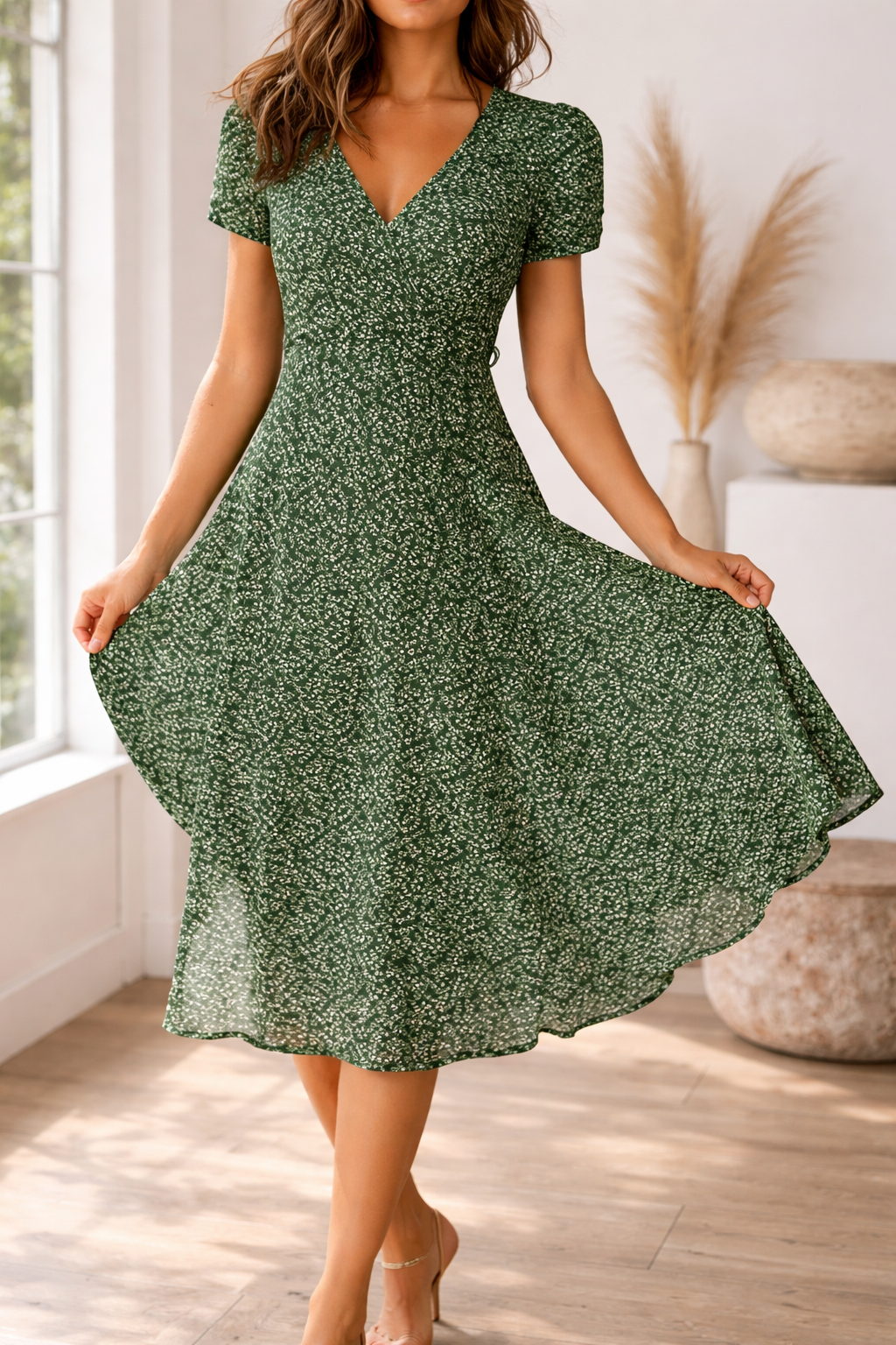 Chic women's printed v-neck midi dress, offering casual elegance & versatile fashion for any day.