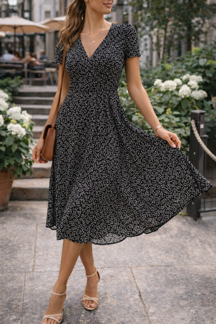 Stylish women's printed v-neck midi dress for everyday wear, offering effortless comfort & chic style.