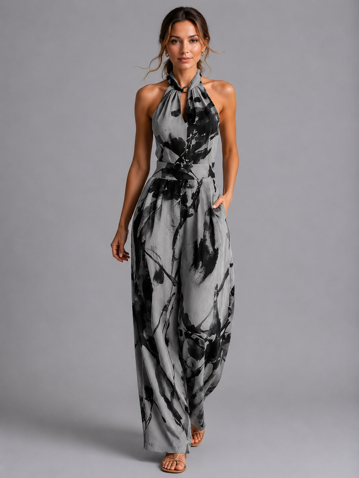 Stylish women's wide-leg printed summer jumpsuit, ideal for vacation outfits, holiday style & casual wear.