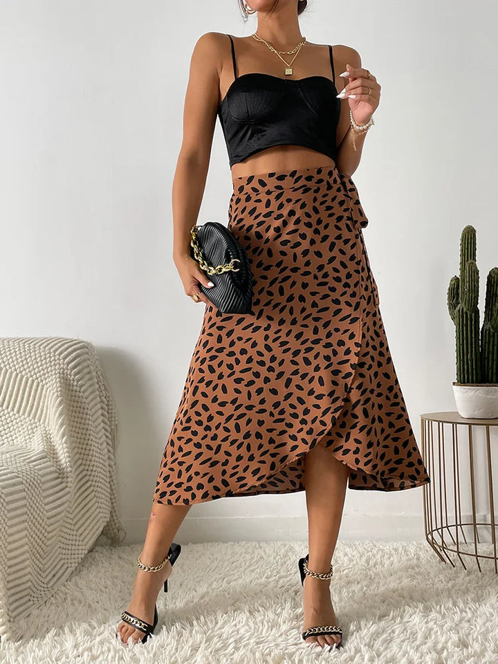 Women's printed wrap tie casual midi skirt for effortless summer style & vacation wear. Boho fashion in brown.