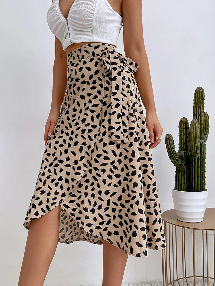 Khaki women's printed wrap skirt, perfect for casual summer days & vacation. Effortless boho midi style.