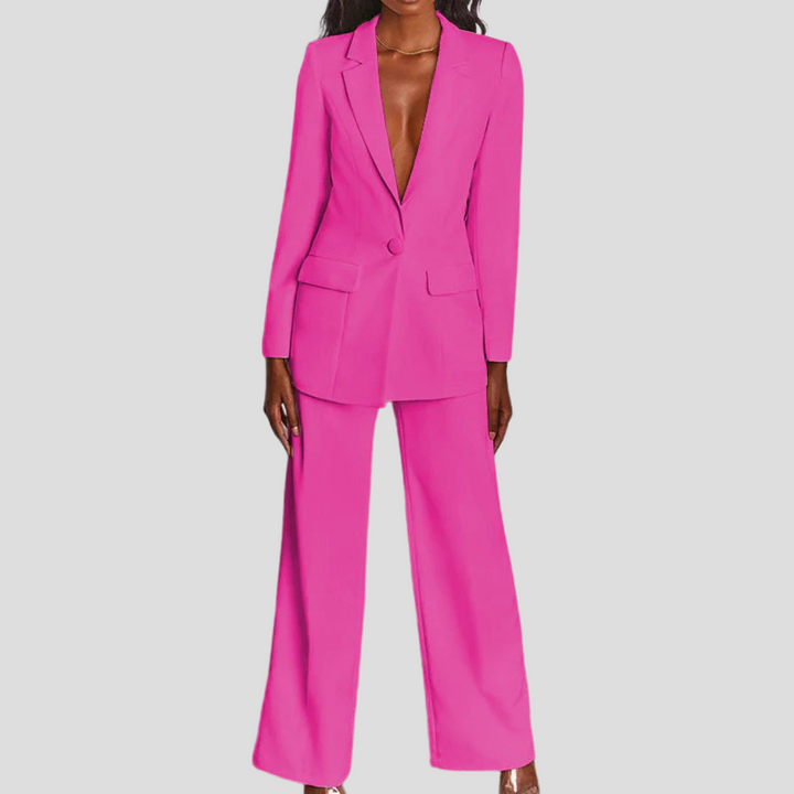 Chic women's professional blazer and straight-leg trousers. Modern business suit for confident women.