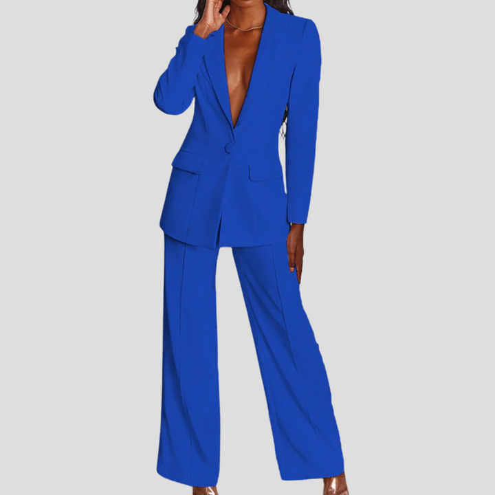 Women's elegant blazer & straight-leg trouser set. Perfect for a sharp, coordinated business outfit.