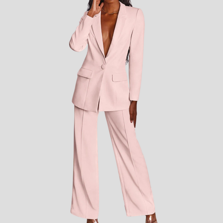 Elegant women's two-piece suit featuring a tailored blazer and straight-leg professional trousers.