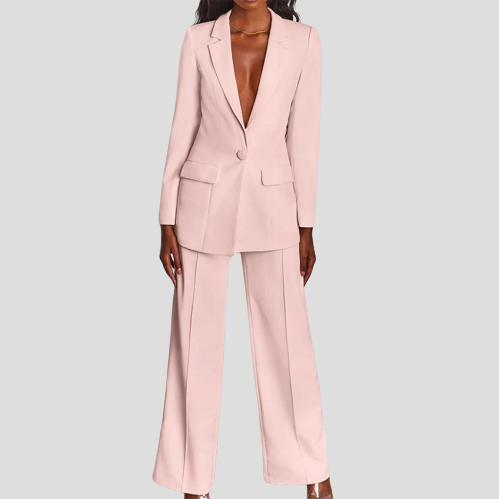 Smart casual women's coordinated set: chic blazer & straight-leg trousers for versatile styling.
