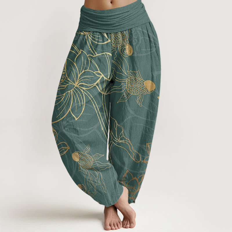Women's pure cotton harem trousers with elegant lotus print, perfect for boho summer style.