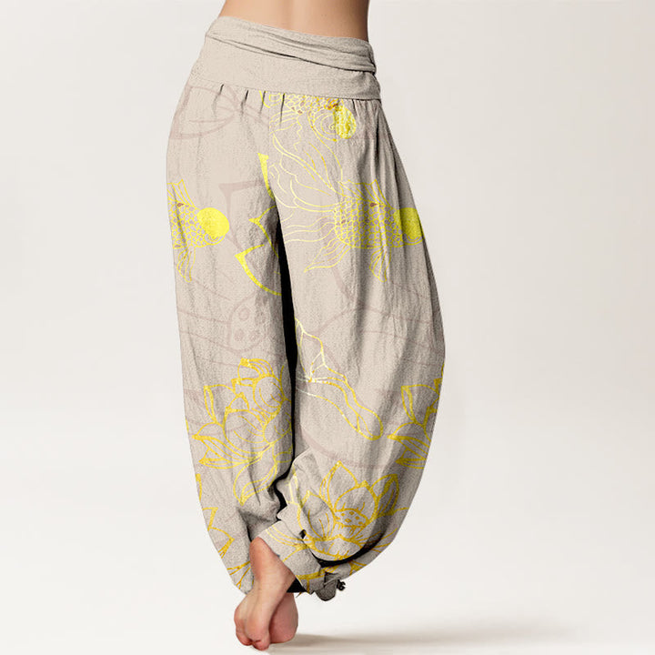 Relaxed fit women's lotus print cotton pants, ensuring comfort for petite to plus sizes.