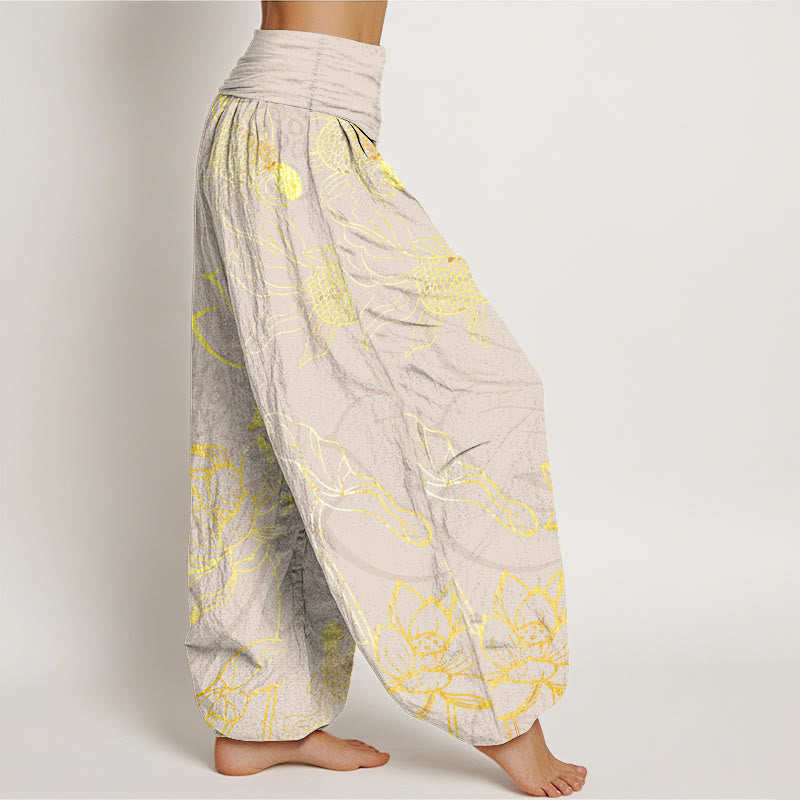 Comfortable pure cotton lotus print harem trousers for women, versatile for any casual occasion.