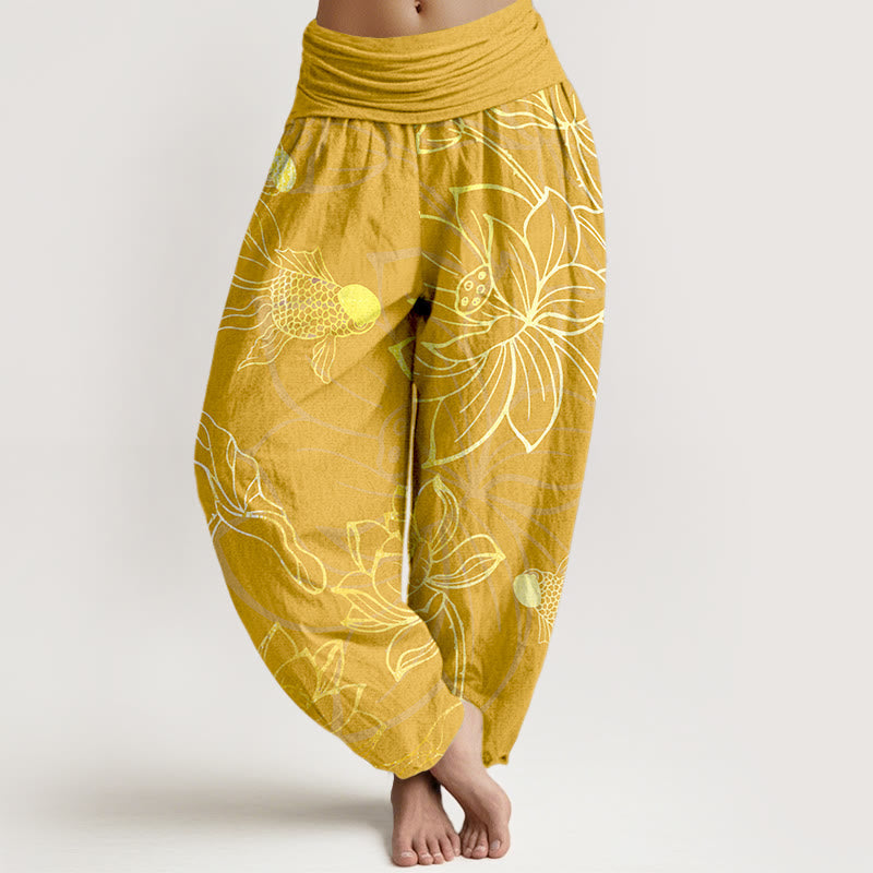 Women's boho cotton harem pants featuring an eye-catching lotus print, perfect for summer.