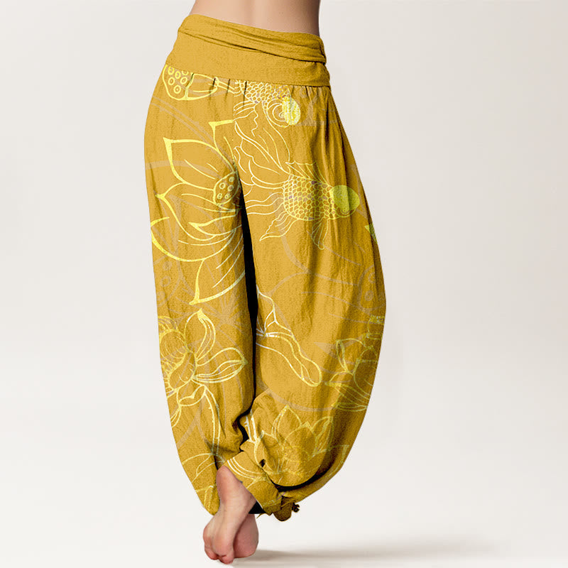 Flowy pure cotton harem trousers for women, adorned with an intricate lotus print design.