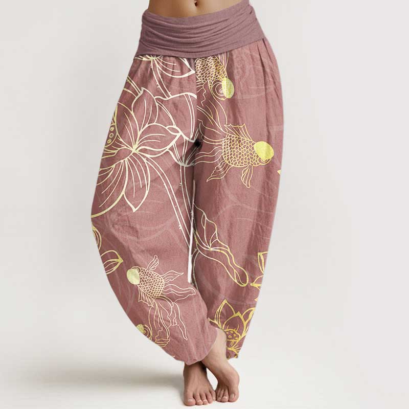 Elegant lotus print pure cotton harem trousers, a comfortable and stylish choice for women.