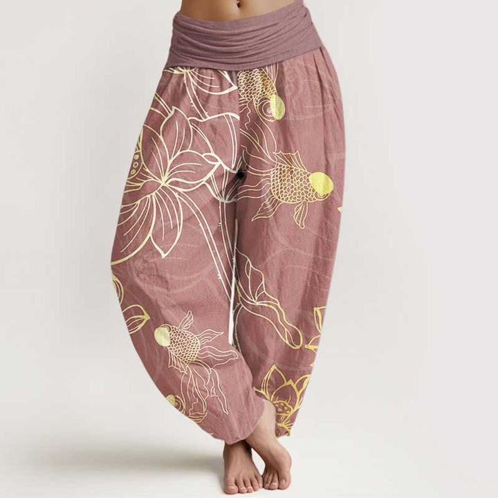 Elegant lotus print pure cotton harem trousers, a comfortable and stylish choice for women.