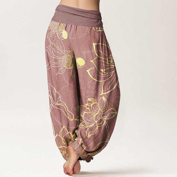 Women's Eastern-inspired lotus print cotton harem pants, combining style with relaxed comfort.