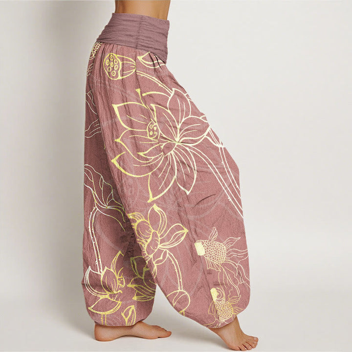 Versatile women's pure cotton lotus print harem trousers, suitable for various body types.