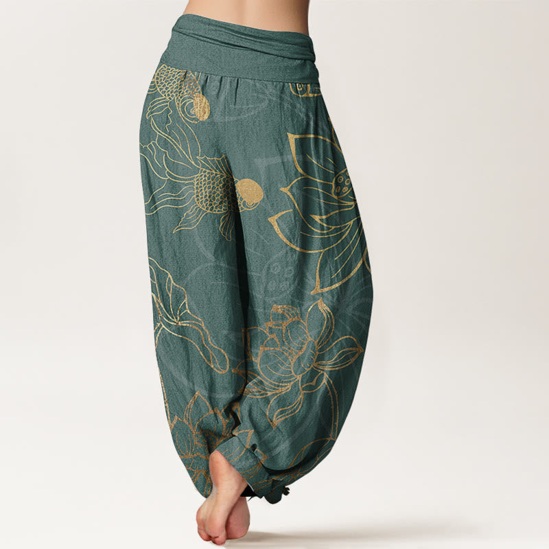 Relaxed fit women's cotton harem pants featuring a beautiful lotus print for casual comfort.