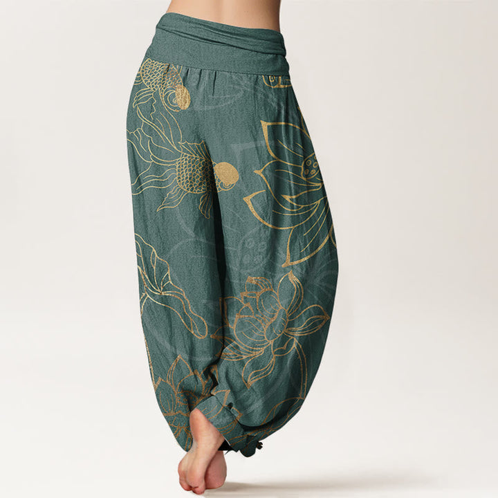 Relaxed fit women's cotton harem pants featuring a beautiful lotus print for casual comfort.