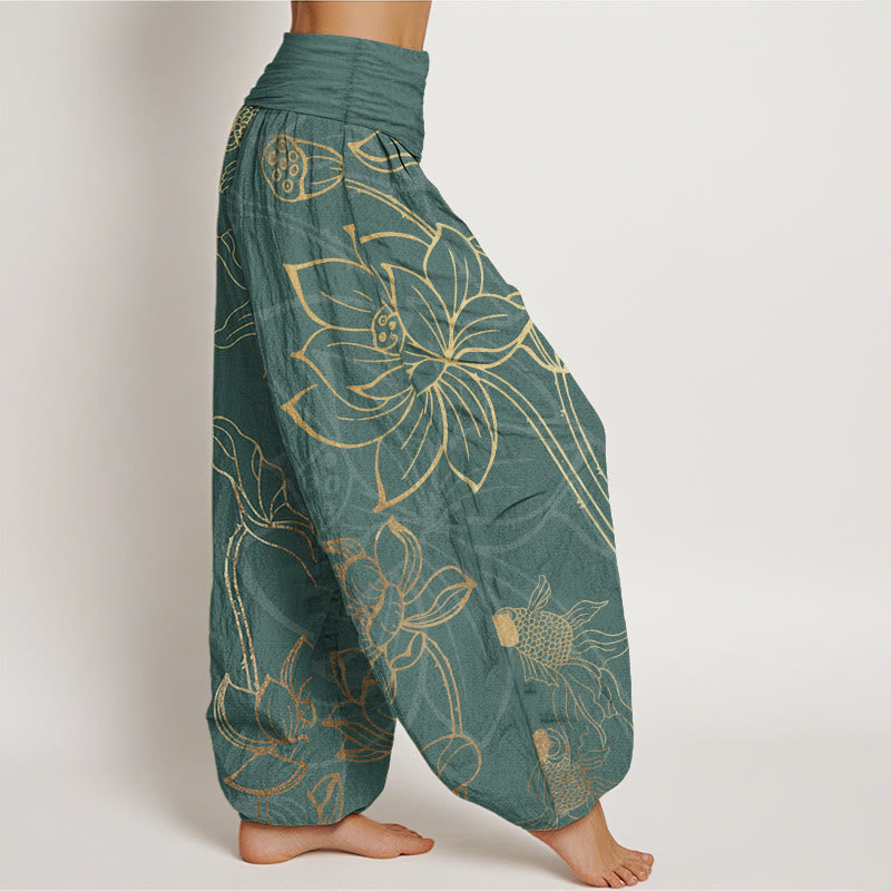 Flowy lotus print cotton harem trousers for women, ideal for comfortable daily wear.