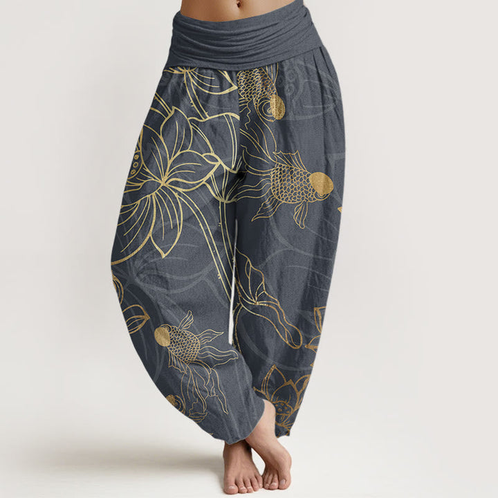 Boho-style women's harem pants with a delicate lotus print in breathable pure cotton.