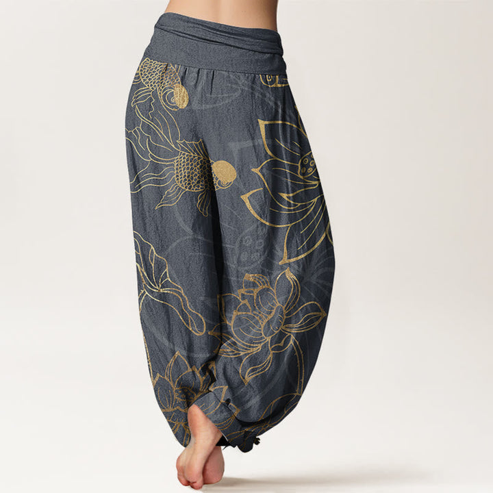 Eastern fashion inspired women's lotus print cotton harem trousers, versatile & comfortable.