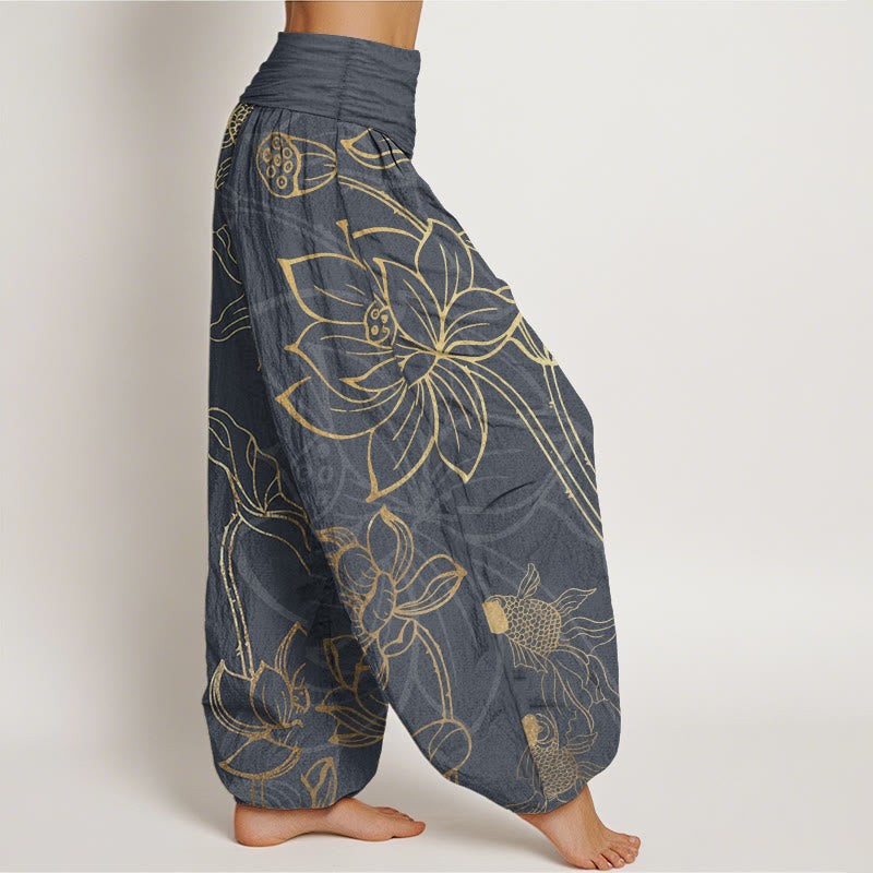 Summer-ready women's lotus print cotton harem pants, offering a flowy & relaxed fit.