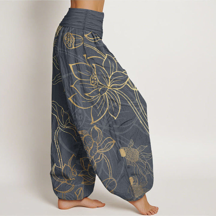 Summer-ready women's lotus print cotton harem pants, offering a flowy & relaxed fit.