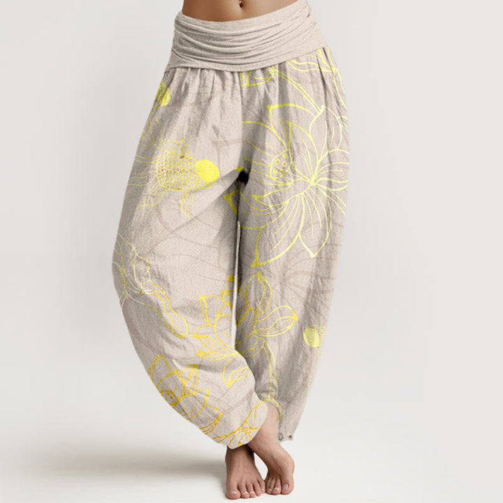 Stylish women's pure cotton harem trousers with a unique lotus print, perfect for casual wear.