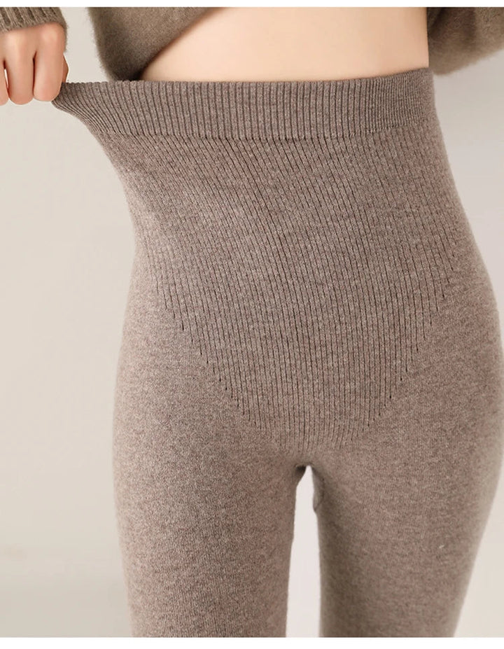 Soft stretch high waist leggings for women, pure wool and fine knit for cozy autumn fashion.