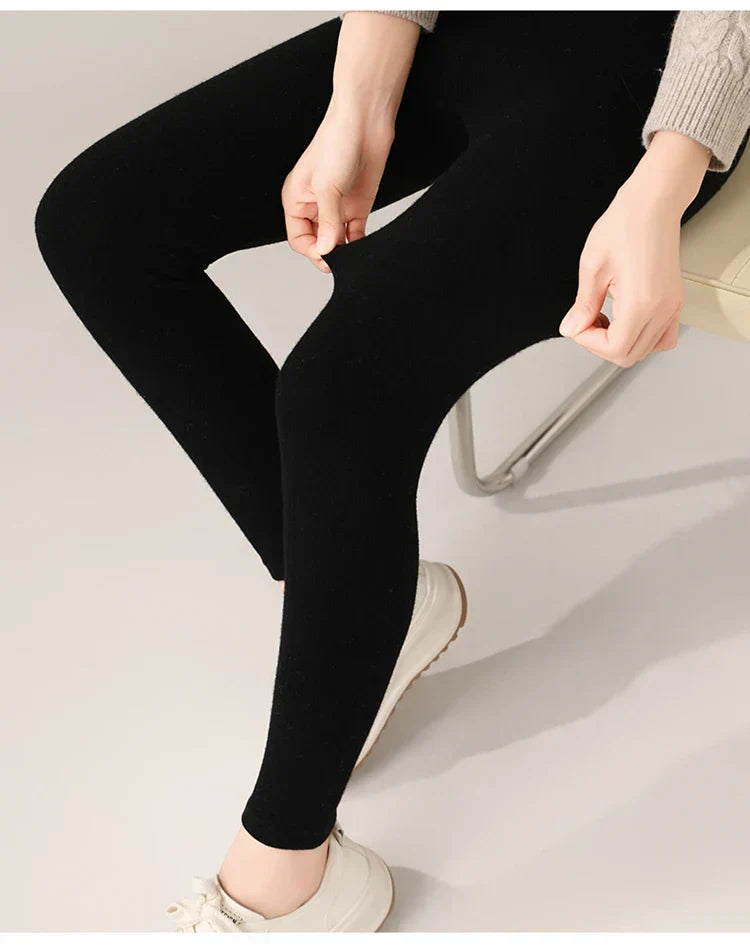 Flattering high waist women's leggings, pure wool fine knit in a neutral, versatile shade.