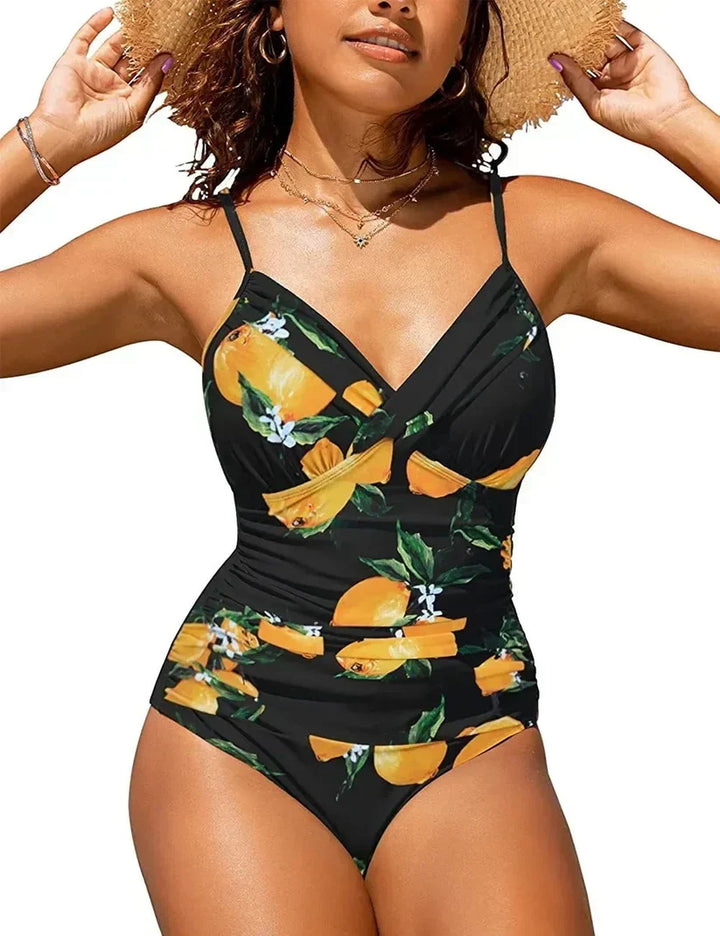 Women's push-up V-neck one-piece swimsuit, flattering design for beach and pool. New summer fashion.
