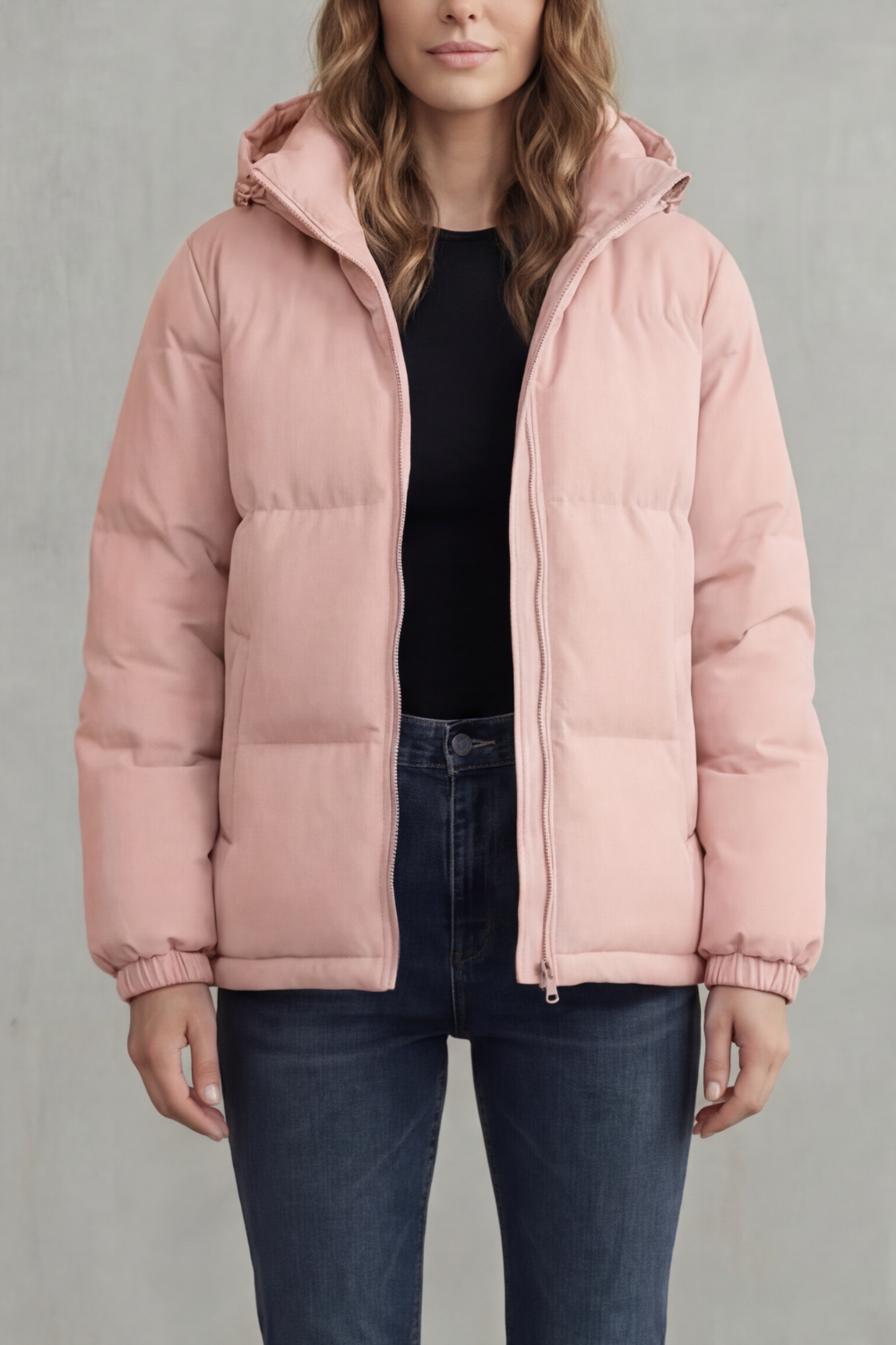 Women's hooded quilted puffer jacket, lightweight design for warmth and versatile wear.