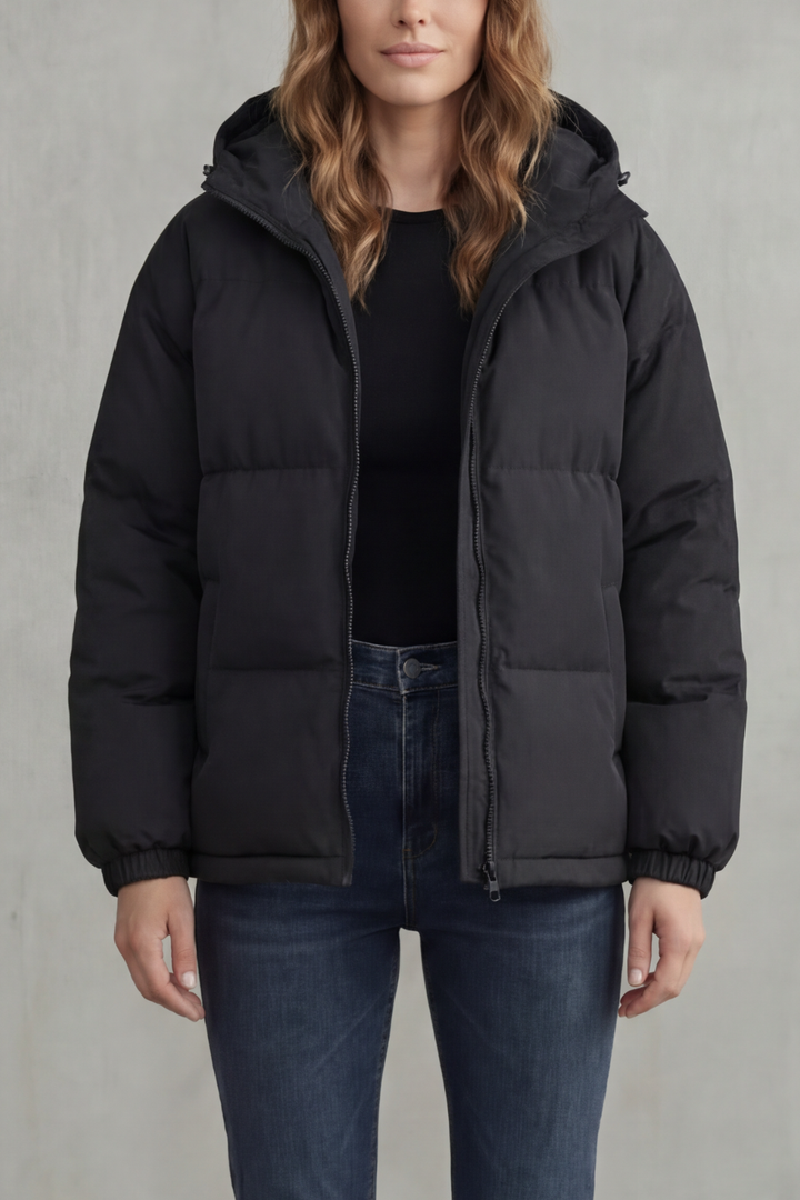 Lightweight, warm women's hooded puffer jacket, quilted design perfect for fall and winter.