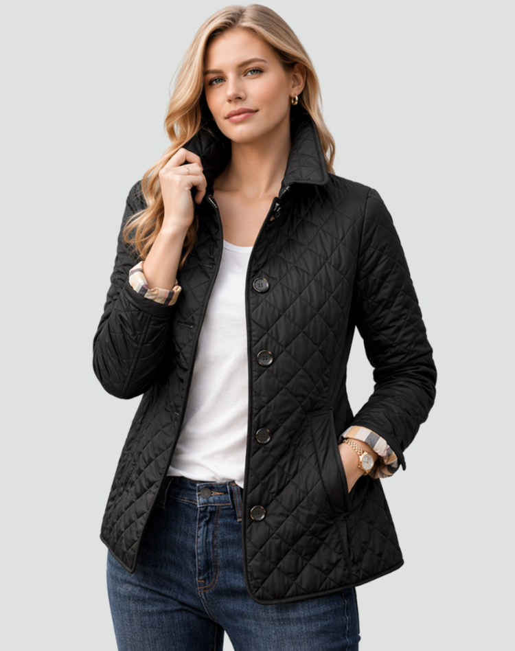 Women's quilted lightweight jacket, perfect mid-season outerwear. Button front & casual smart style.