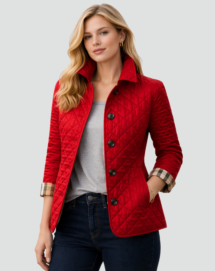 Detail of the diamond quilting on this lightweight women's mid-season jacket. Perfect for layering.