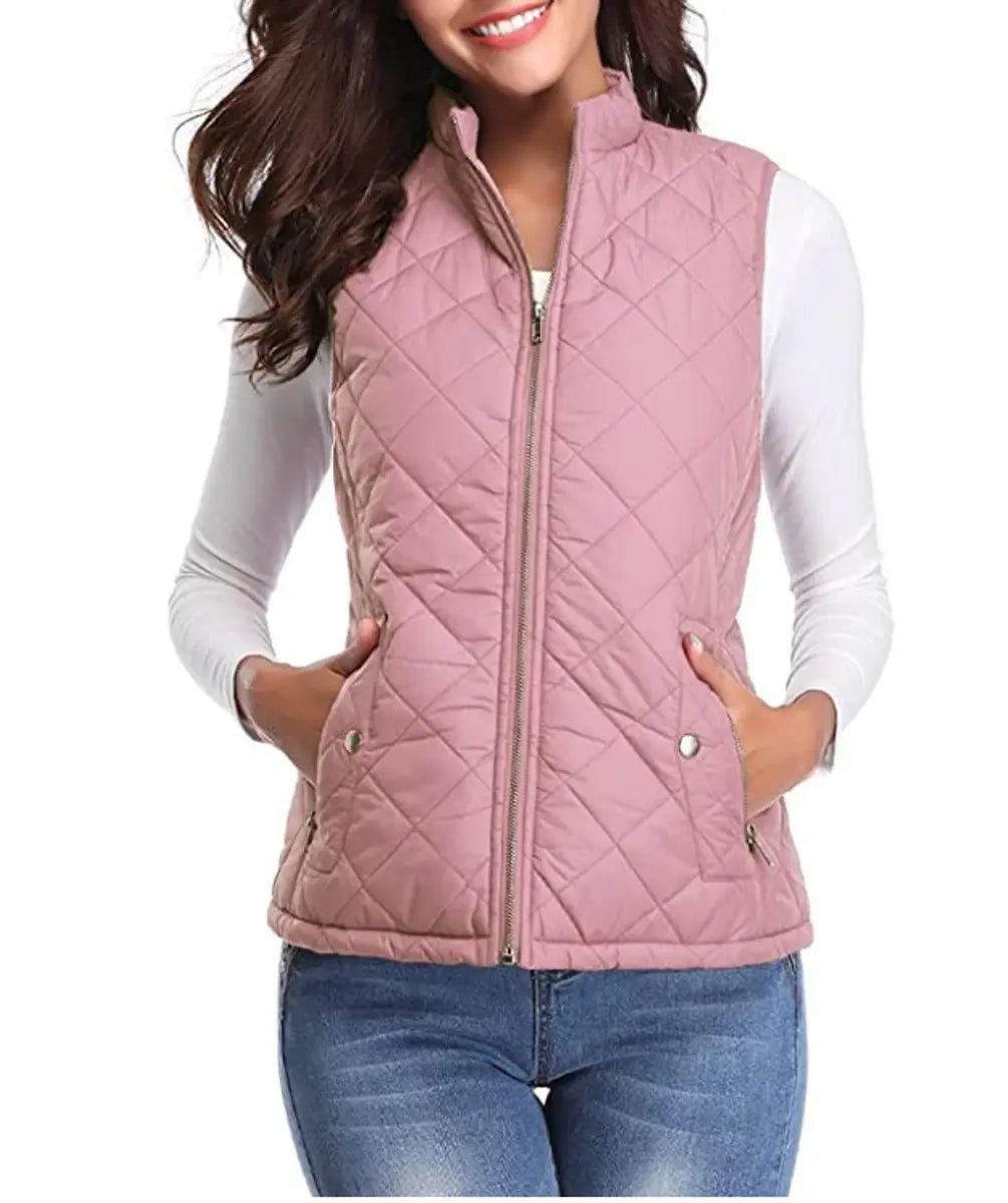 Women's quilted zip-up lightweight puffer vest for transitional weather.
